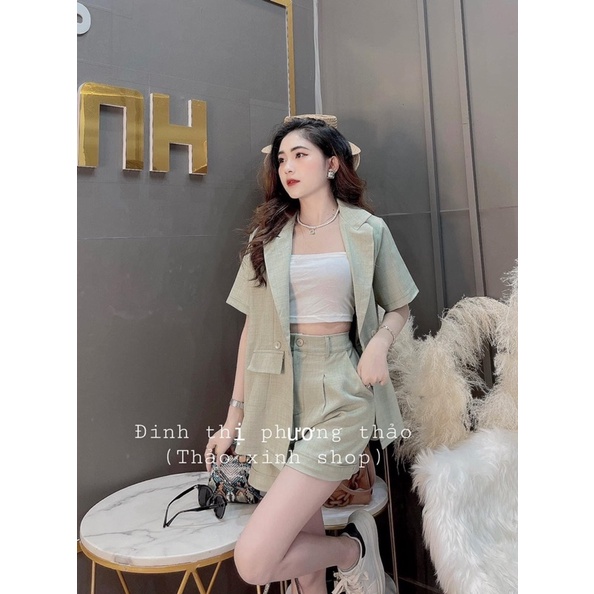 [ 𝐅𝐑𝐄𝐄 𝐒𝐇𝐈𝐏 ] SÉT VEST XANH QUẦN SOOC 3 MÓN Ạ . CHẤT CHÉO THÁI MẶC LÊN ĐỨNG FORM LẮM Ạ