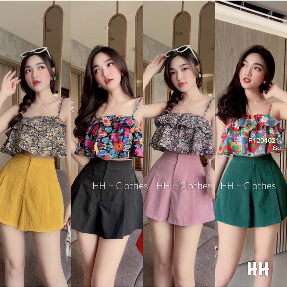Set áo kiểu trễ vai bèo dáng croptop phối chân váy trắng dáng dài!.