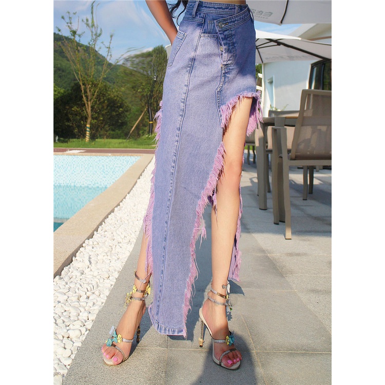 Chân Váy Denim Dài Dáng Chữ A Xẻ Tà Phối Tua Rua Phong Cách Đường Phố Âu Mỹ