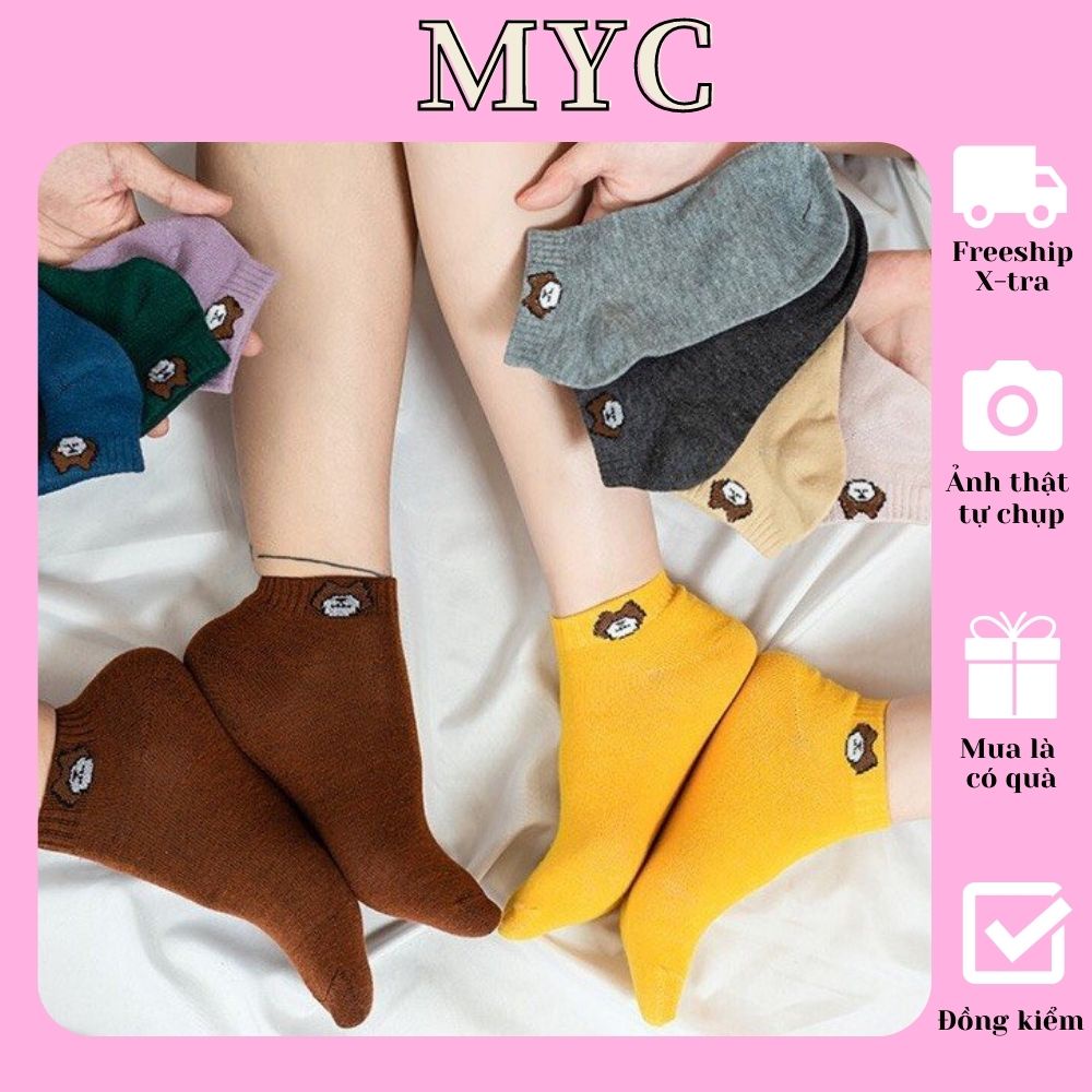 Sét 5 đôi Tất gấu cổ ngắn nữ phong cách Hàn Quốc, vớ nữ chất liệu cotton thoáng mát