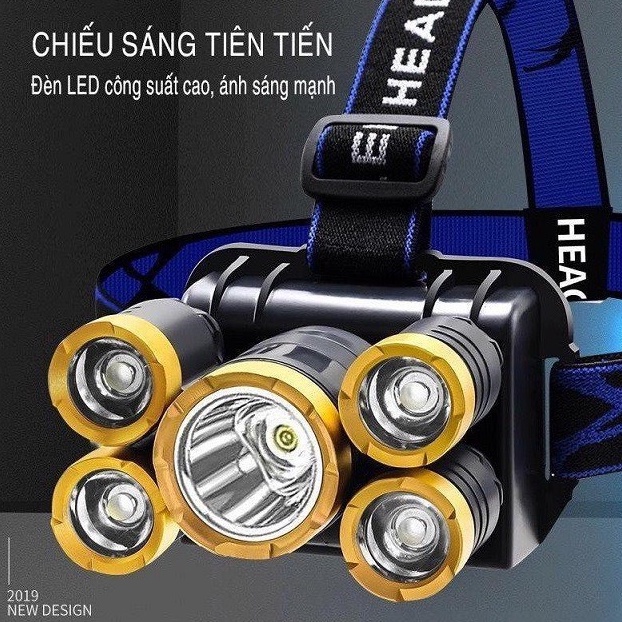 [FREESHIP❤️] Đèn Pin Siêu Sáng Đội Đầu 5 Mắt Loại Mới Bóng To Chống Nước IPX7 Bảo Hành 12 Tháng