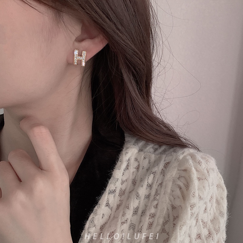 MOCHASHUKhuyên tai mạ bạc 925 hình chữ H phong cách vintage