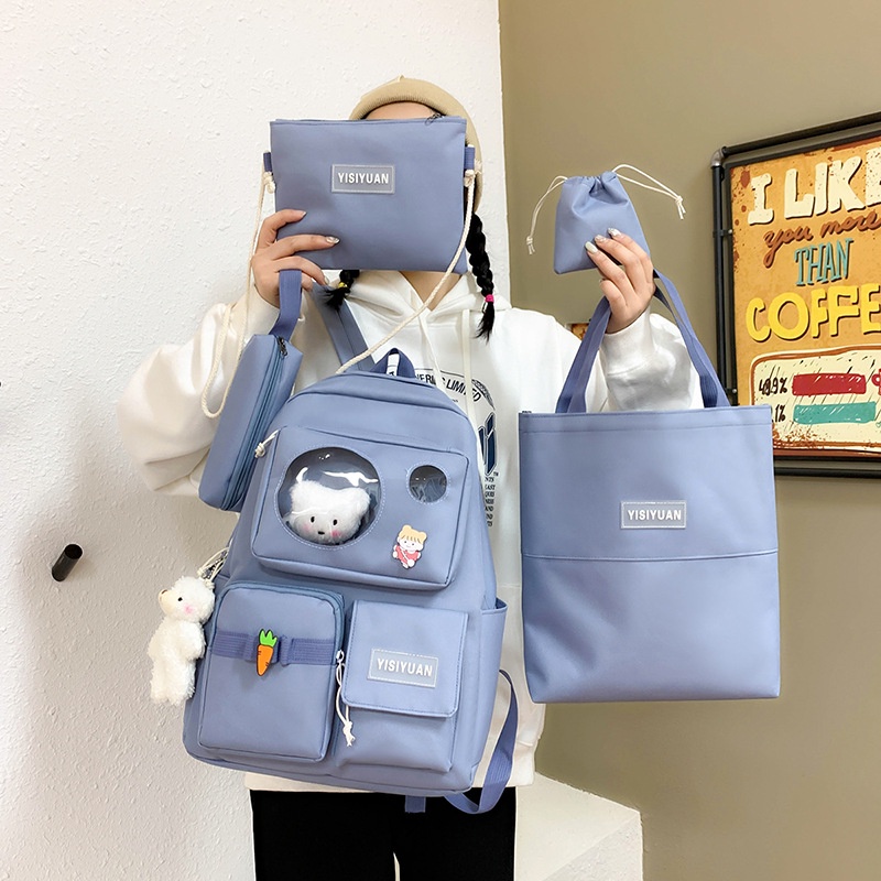 Set ba lô và túi đeo vai IELGY phối hình gấu dễ thương phong cách Hàn Quốc cho nữ