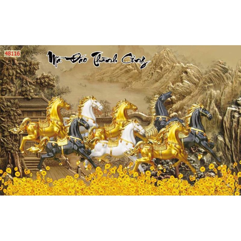 tranh dán tường 3d tranh mã đáo thành công in Vải Lụa 120x80cm