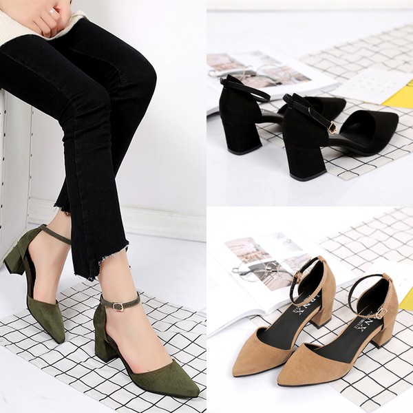 Giày Sandal Mũi Nhọn Đế Thô Phối Khóa Chất Liệu Da Lộn Phong Cách Hàn Quốc 69 Szz