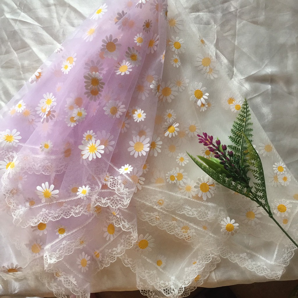 Khăn bandana ren hoa cúc trắng tím viền ren