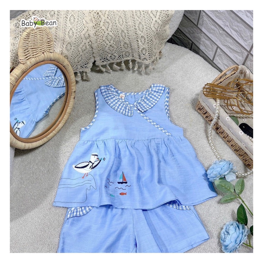 Bộ Đồ Đũi Lá Cổ Caro Nhún Bèo Bé Gái BabyBean