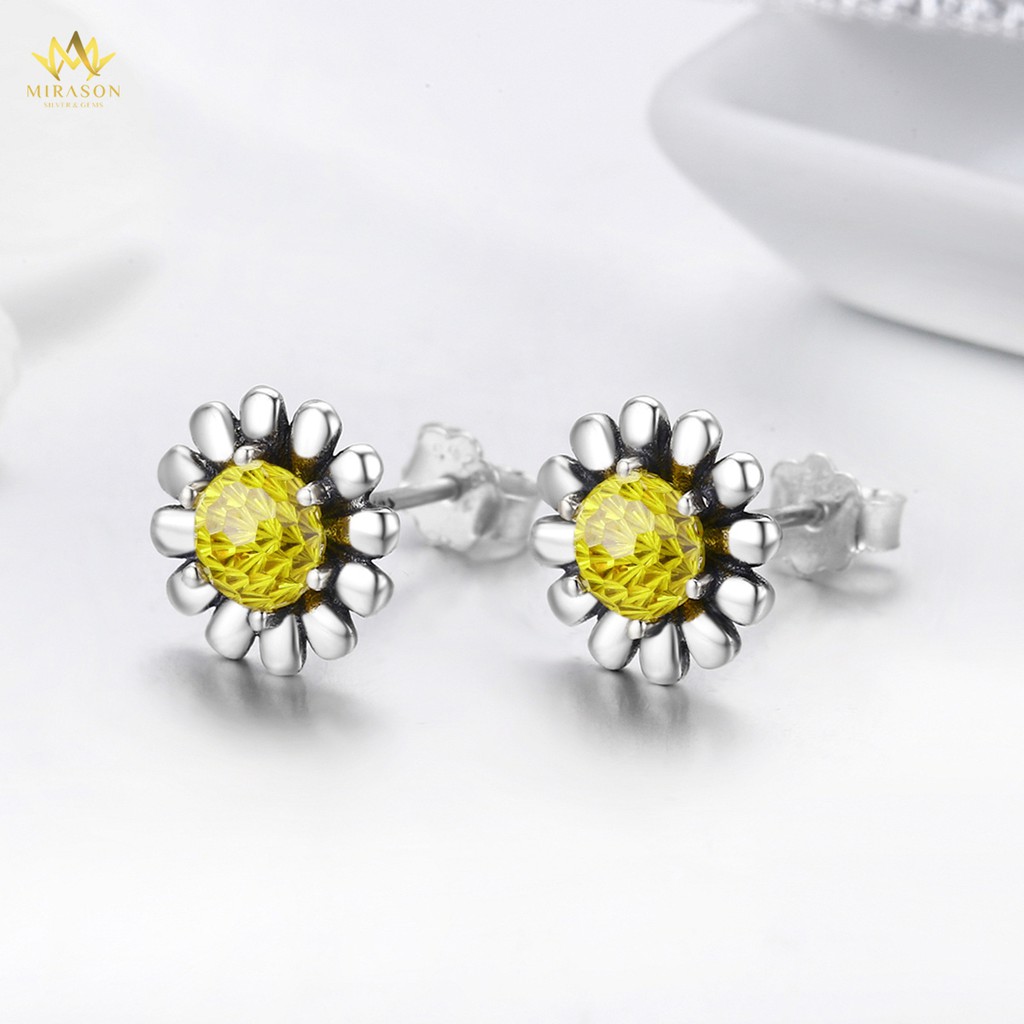 Khuyên Tai Bạc Nữ MIRASON Hoa Cúc Nụ Nạm Đá Vàng Sang Trọng MBT039 - Bông Tai Nữ Bạc 925 Cao Cấp