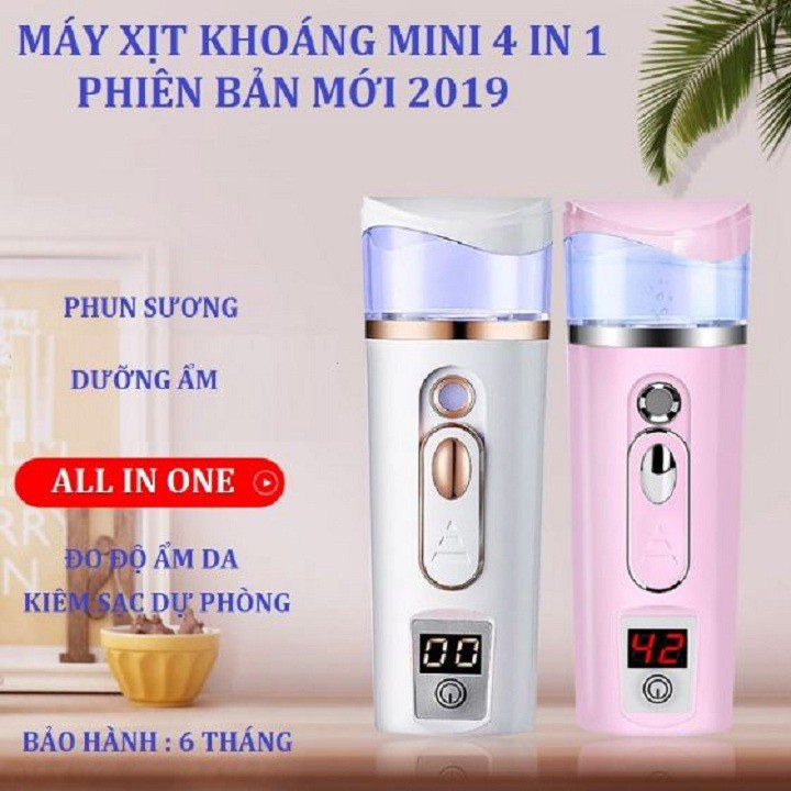 Máy Xịt Khoáng Xông Mặt Nano Mini Đo Độ Ẩm Da 2019, Máy Xịt Nano 2in1 Có Chức Năng Đo Độ Ẩm Da