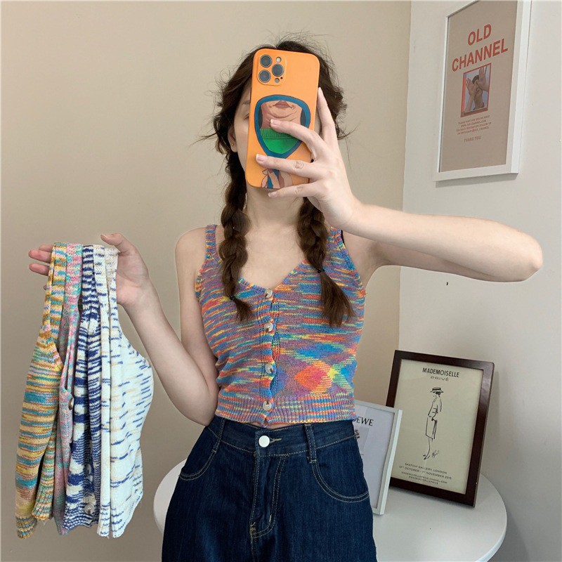 Áo 2 dây mùa hè croptop cổ chữ V - vải đan len phối nhiều màu năng động