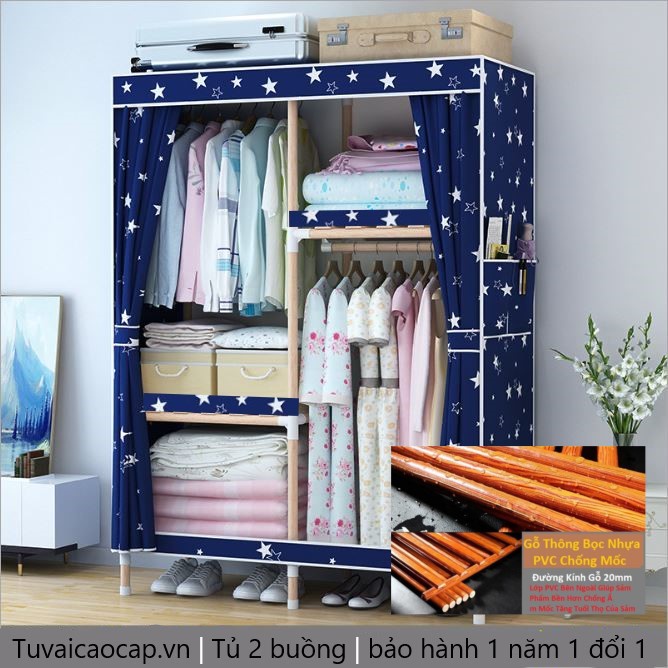 Áo vải tủ đựng quần áo khung gỗ 1,2,3,4,5 buồng chất liệu Oxford chống bụi chống nước có thể giặt
