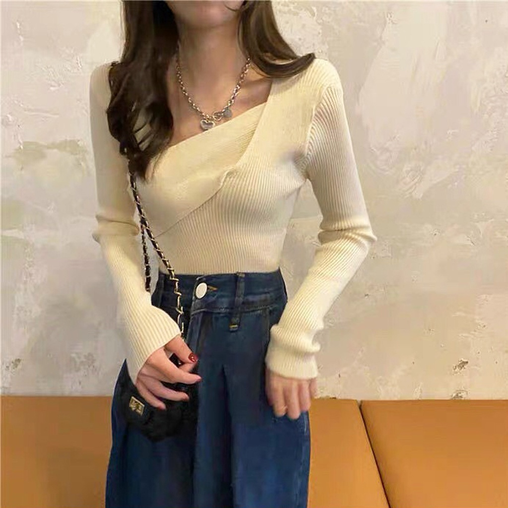 Áo len tăm dài tay cổ phối viền chéo cách điệu Ulzzang (hàng QC) - Ảnh thật