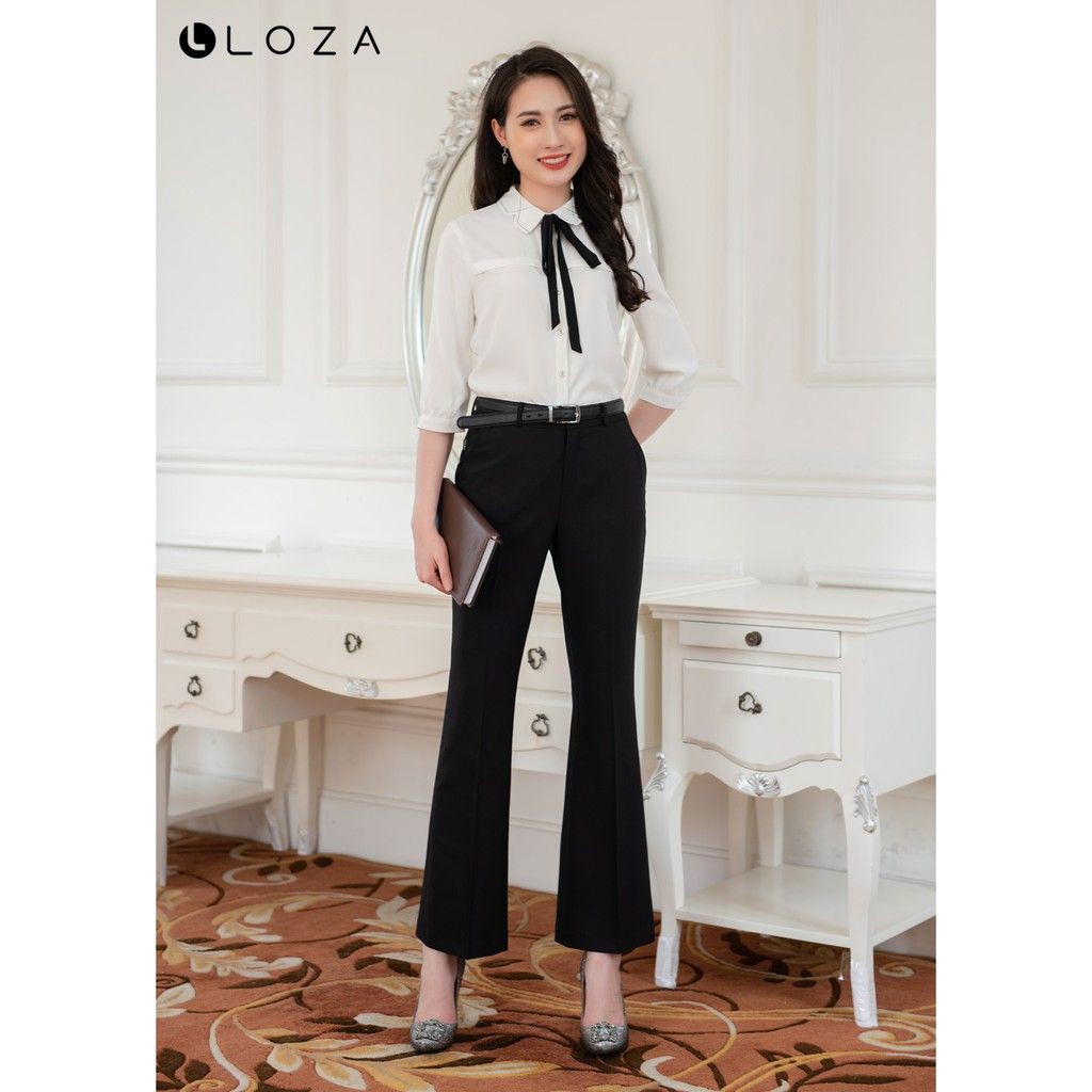 [Mã BMBAU50 giảm 50K đơn 150K] Áo sơ mi trắng nữ cổ đức phối nơ tay lửng LOZA LS1382