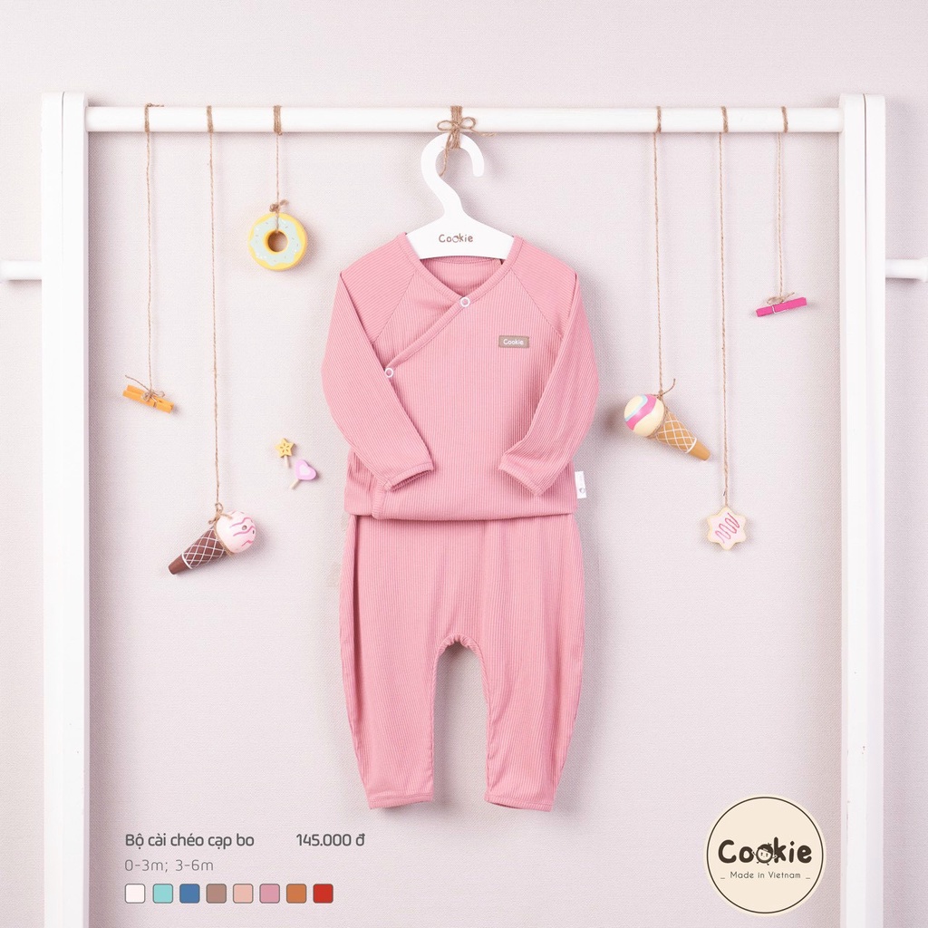 Bộ sơ sinh Cookie cài chéo dài tay cho bé trai bé gái, chất cotton tăm lạnh, mềm mát
