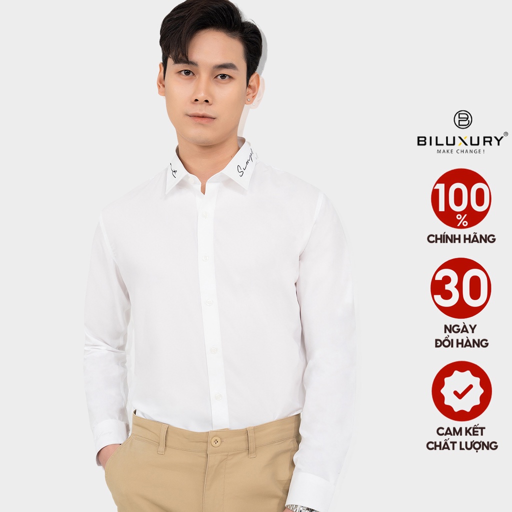 Áo sơ mi nam Biluxury vải Modal cao cấp hoạ tiết chữ thêu cổ lịch lãm phom chuẩn bodyfit SMDT017TRK