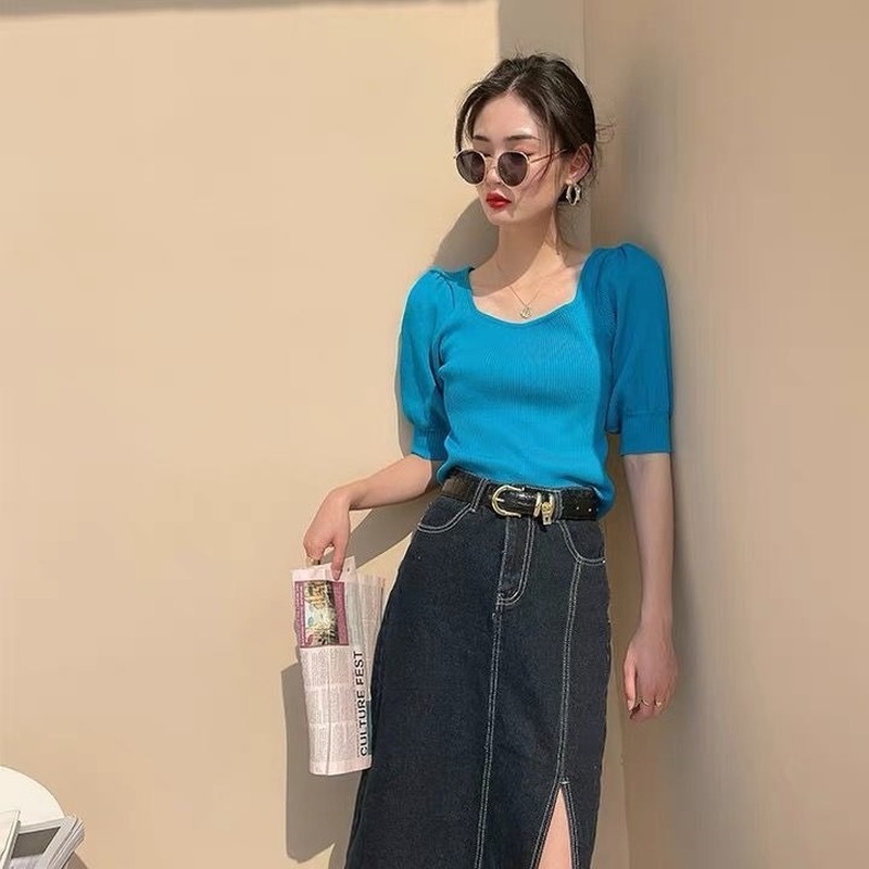 Áo dệt kim tay ngắn cổ vuông thiết kế mới thời trang mùa hè dành cho nữ