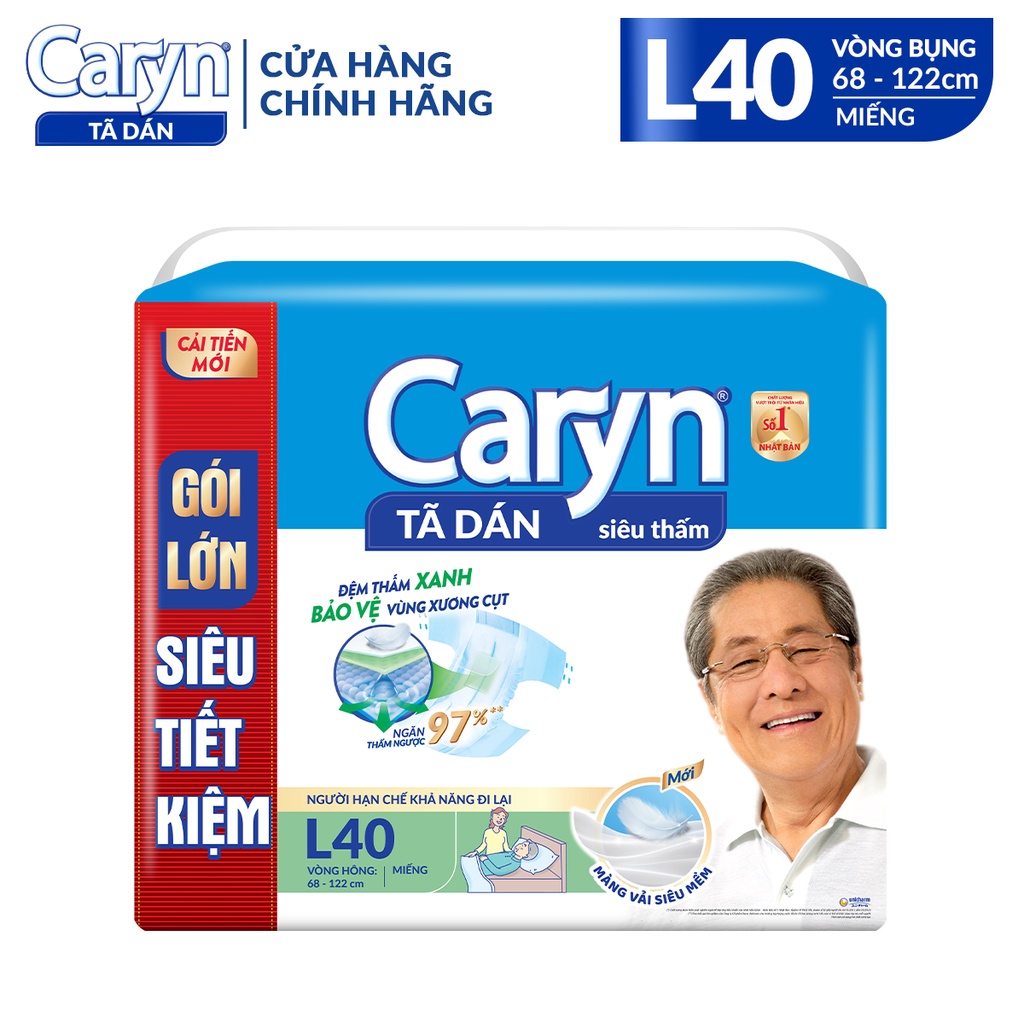 Tã Bỉm Dán Người Lớn Caryn Siêu Thấm Size L 40 Miếng Gói Siêu Tiết Kiệm Cho Người Già Hạn Chế Khả Năng Đi Lại