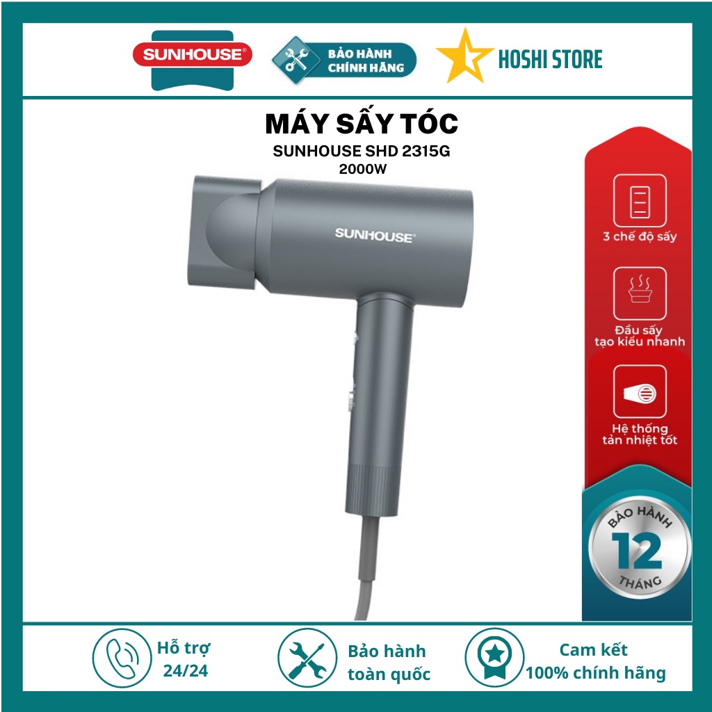 Máy sấy tóc SUNHOUSE SHD2315G, 3 chế độ gió, công suất 2000w
