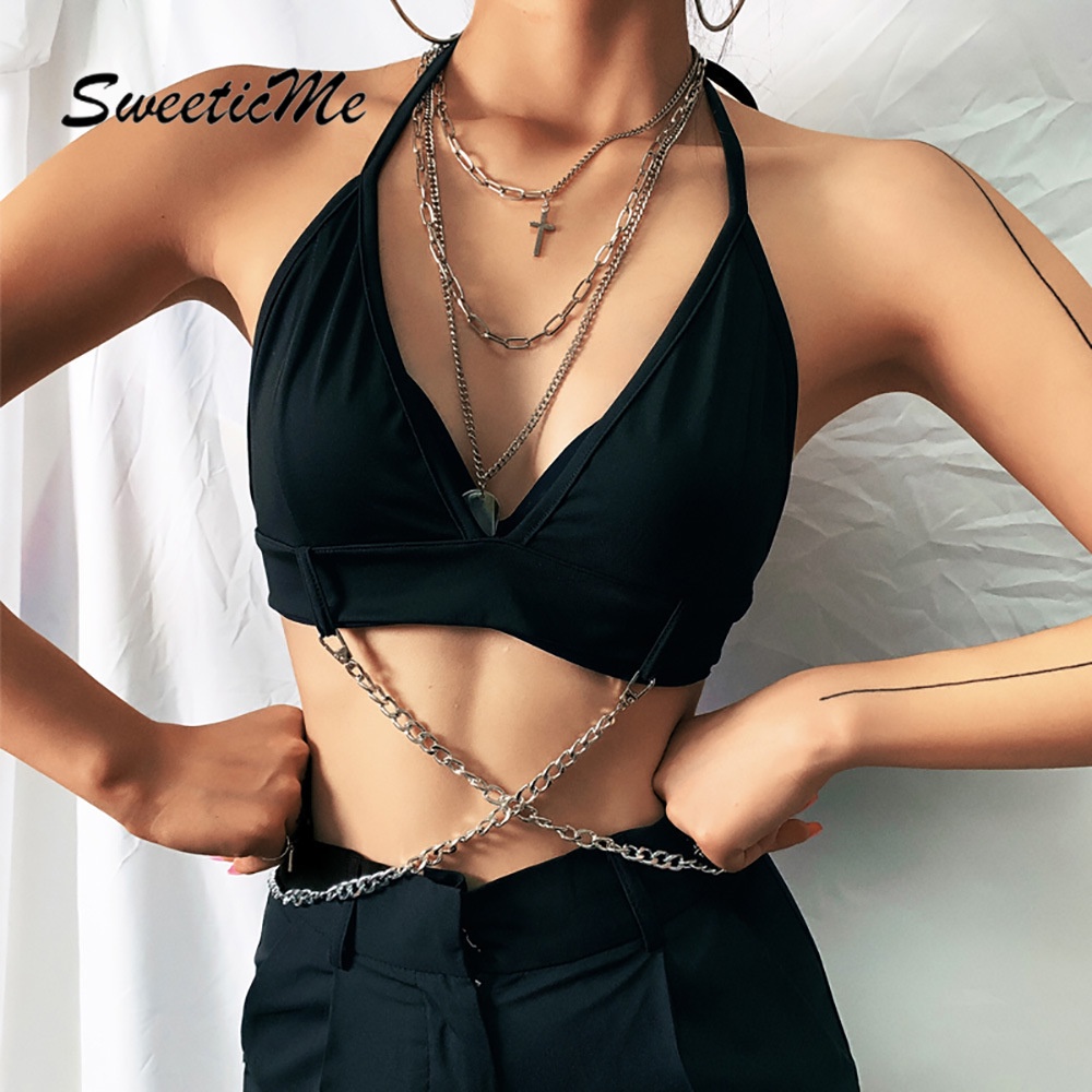 SweeticMe Women's New Halter Neck Tie V-neck Sexy Metal Decorative Halter Top