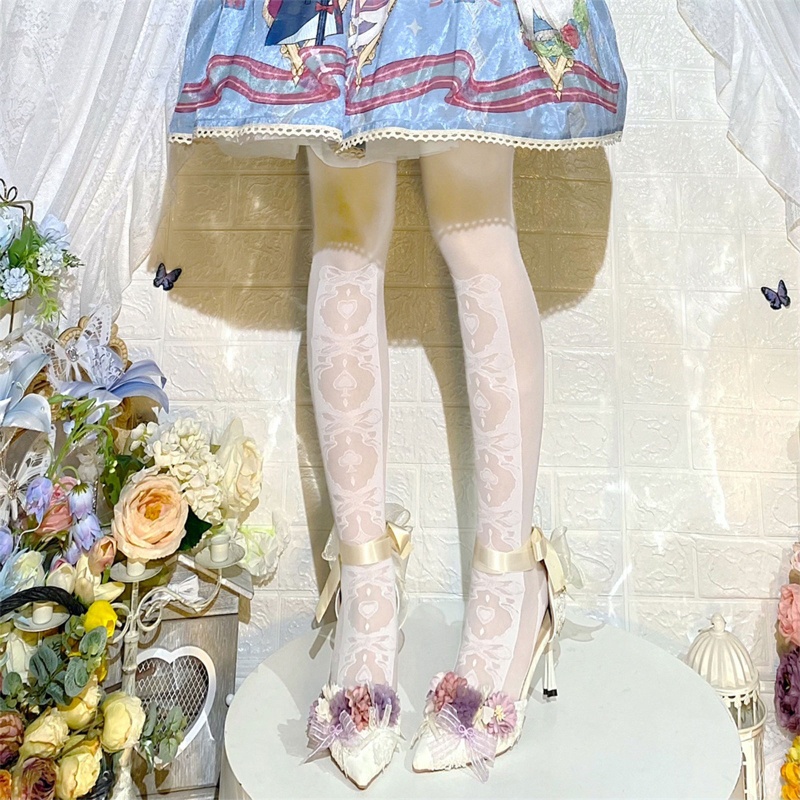 Quần tất lụa trong suốt đính nơ họa tiết trái tim phong cách anime lolita Nhật Bản dành cho nữ