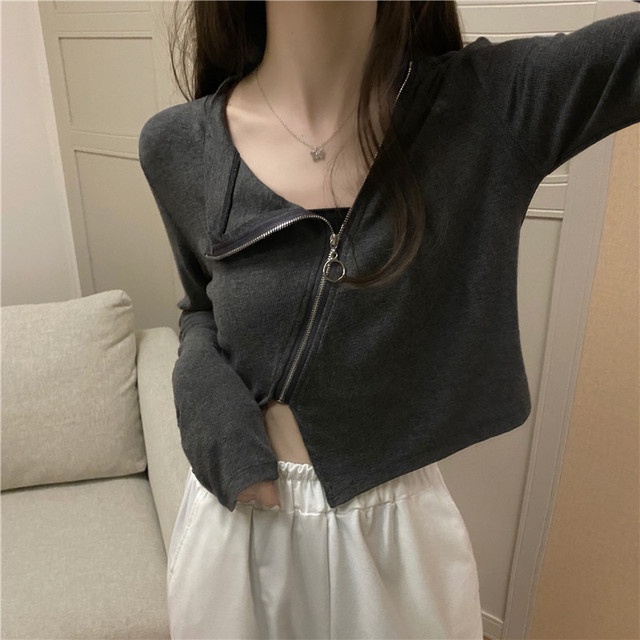 Áo Thun Croptop Kéo Khóa Tay Dài Màu Trơn Co Dãn Phong Cách Hàn Quốc