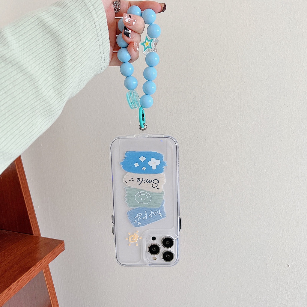 Ốp Điện Thoại Tpu Silicon Mềm Trong Suốt Hình Mặt Cười Đơn Giản Có Dây Đeo Ngọc Trai Cho iPhone 11 12 13 14 Pro XS Max XR