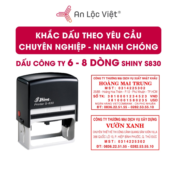 Khắc dấu công ty 6 dòng - 8 dòng theo yêu cầu SHINY S830  thương hiệu nổi tiếng cực bền và sắc nét