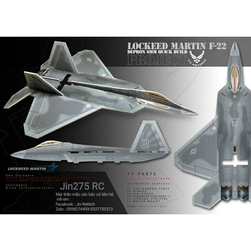 ♥️Flash Sale ♥️Bộ vỏ kit máy bay F22v2 flat sải 64 cm Xốp Dẻo Bao Đập ( 2 lớp cánh)