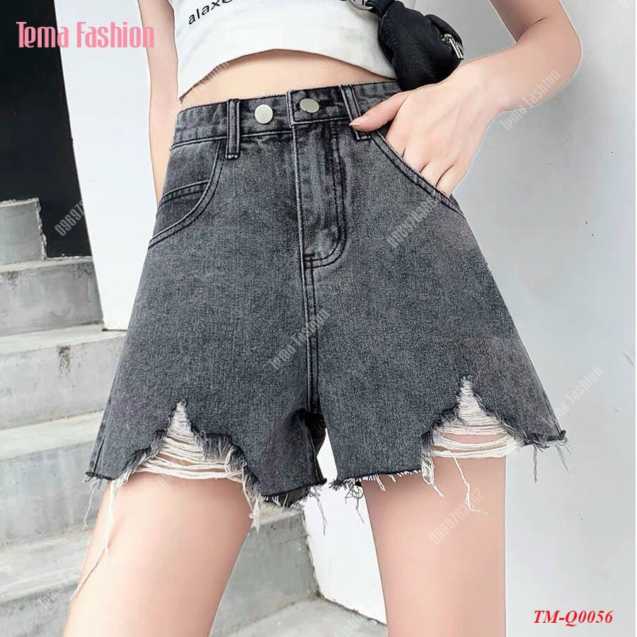 Quần short jean nữ TEMA - Quần đùi nữ jean xám gấu rách cạp cách điệu siêu xinh