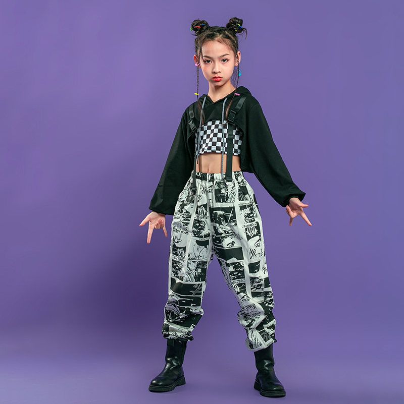 Bộ Đồ Áo Croptop Hoodie + Quần Dài Họa Tiết Caro Đen Dành Cho Bé 4-16 Tuổi