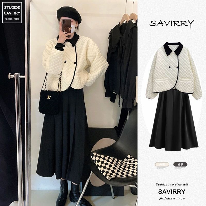 Set Áo Khoác cotton Ngắn Kẻ Sọc Caro Phối Chân Váy Lưng Cao Thời Trang Thu Đông 2022 Sang Trọng Cho Nữ