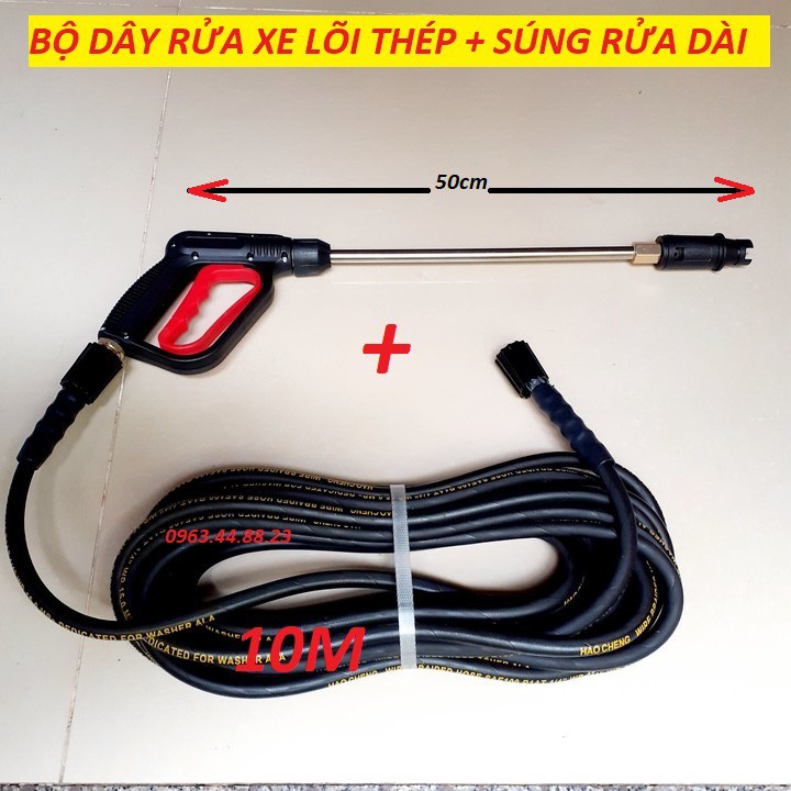 bộ súng xịt và dây rửa xe 10m-ren 22mm - súng cò đỏ dài+dây 10m lõi thép