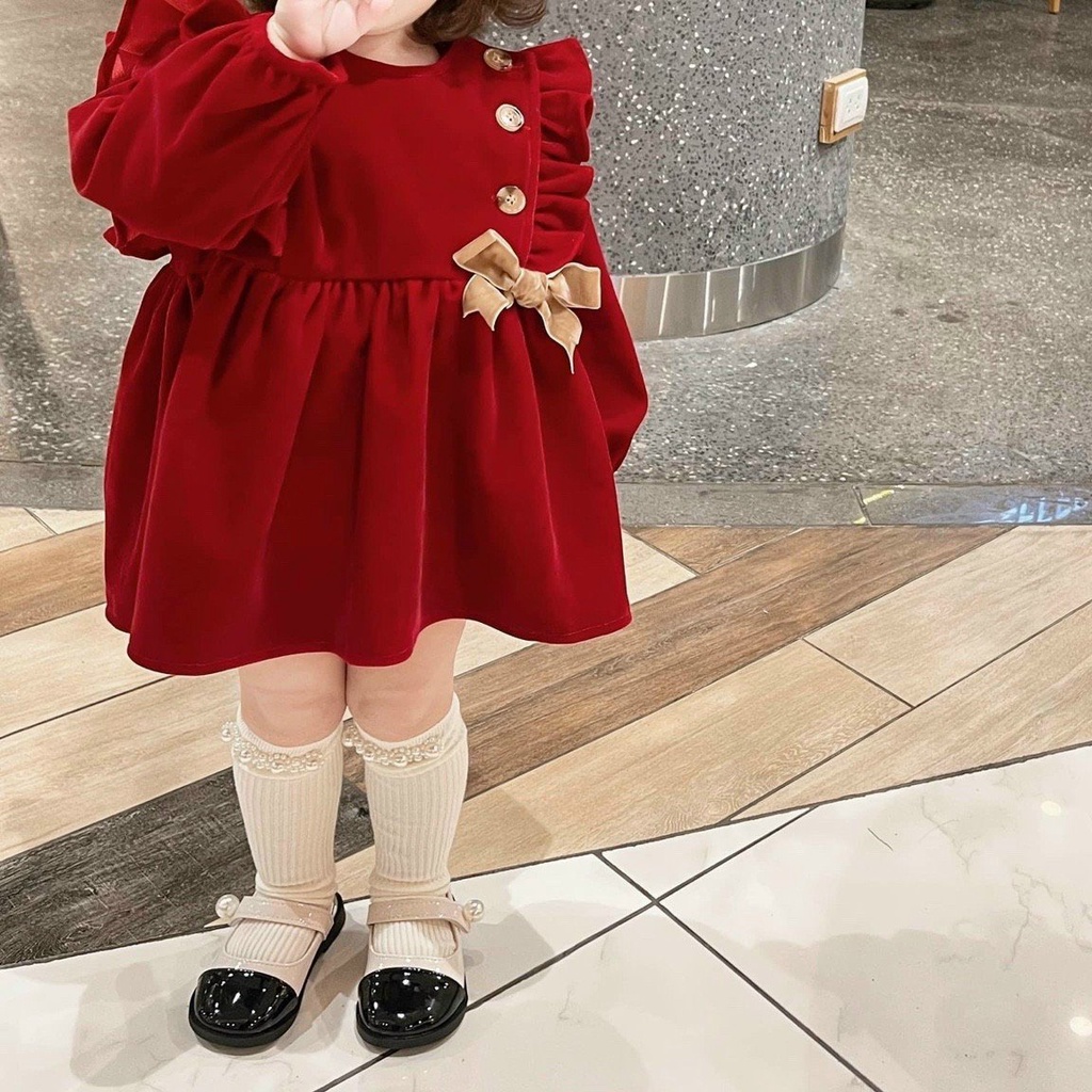 YE VÁY NHUNG ĐỎ VAI BÈO NƠ EO CHO BÉ