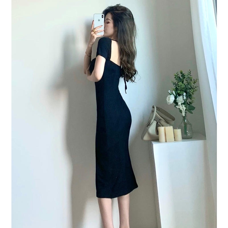 Đầm Midi Ngắn Tay Ôm Dáng Eo Cao Mỏng Quấn Hông Màu Đen Khoét Rỗng Phong Cách Hepburn