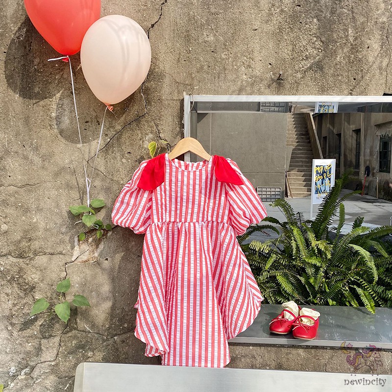 Đầm Công Chúa Tay Phồng Hoạ Tiết Kẻ Sọc Dễ Thương Cho Bé Gái