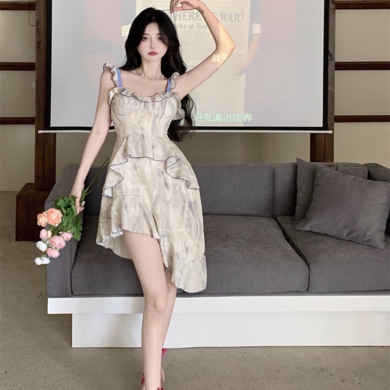 Đầm Hai Dây Nhún Bèo Màu Nhuộm Tie-Dye Thời Trang Mùa Hè