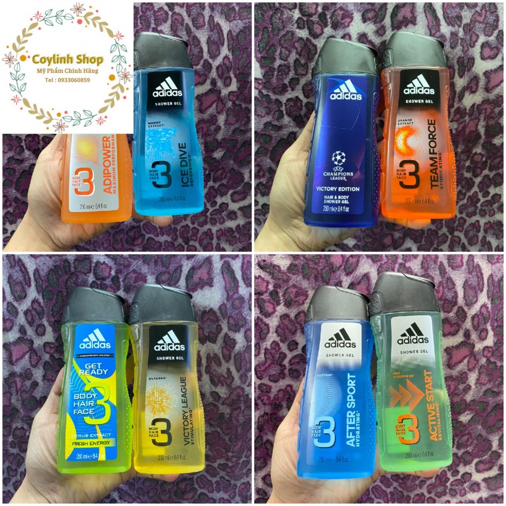 [ Date Xa ] Sữa Tắm Gội Adidas 3in1 250ml sạch da kháng khuẩn Hàng Chính Hãng