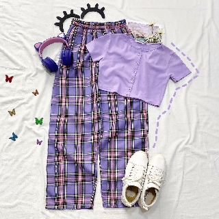 ULZZANG - SET CROPTOP NÚT + QUẦN CARO - PLAID PANT + CROPTOP ULZZANG - ÁO CROPTOP MÀU TÍM + QUẦN CARO MÀU TÍM