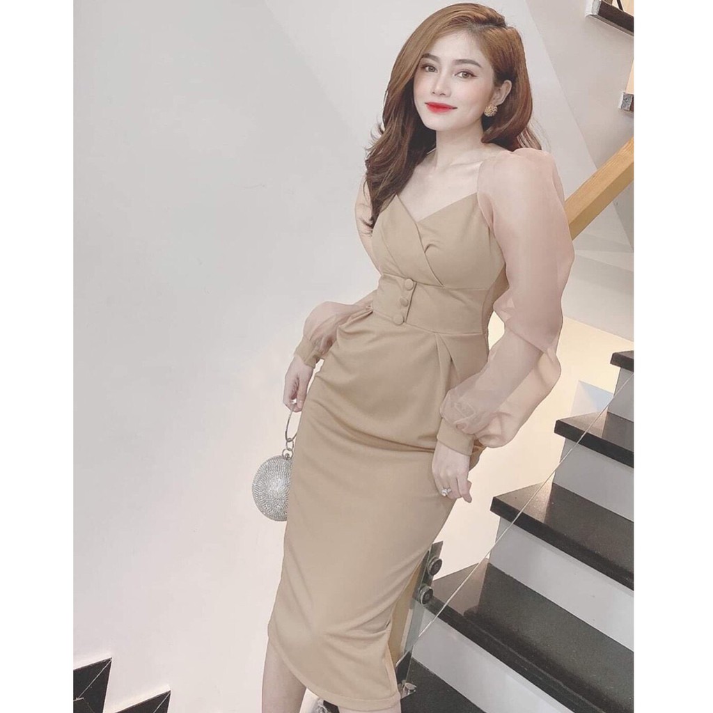 ĐẦM NỮ ÔM BODY CỔ TRÁI TIM TAY PHỐI VOAN VẢI UMI CO GIÃN V316 | BigBuy360 - bigbuy360.vn