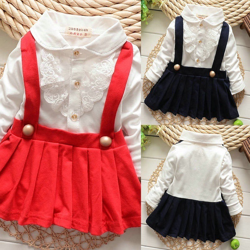 Đầm có quai đeo cotton tay dài cho bé gái