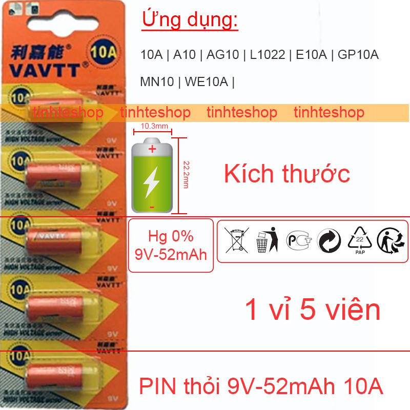 Pin nhỏ cho Điều khiển cửa cuốn, Chuông cửa 10A A10 AG10 L1022 E10A GP10A MN10 WE10A 9V-52mAh VAVTT vỉ 5 viên