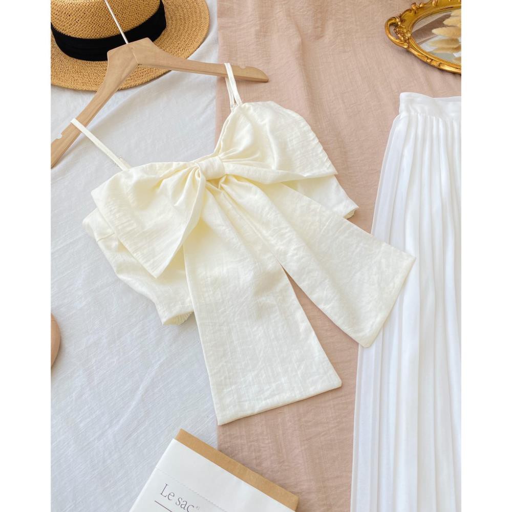 Set bộ áo croptop mùa hè phối nơ ngực 2 dây kèm quần suông dập ly có size nhiều màu chât vải mát