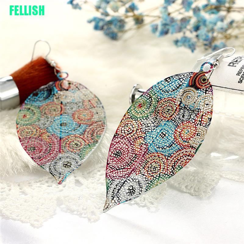 Bông Tai Dài Hình Chiếc Lá Nhiều Màu Phong Cách Boho