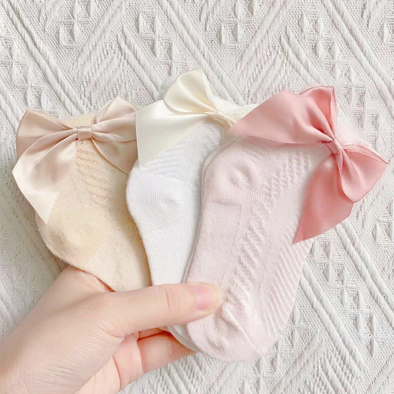 1 Đôi Vớ Vải Lưới / Cotton Thoáng Khí Đính Nơ Dễ Thương Cho Bé Sơ Sinh