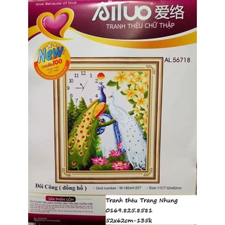 TRANH THÊU ĐỒNG HỒ CHIM CÔNG 62X52CM
