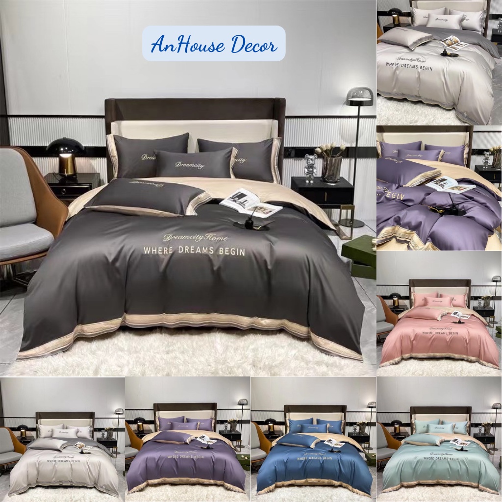 Bộ chăn ga gối phi lụa DREAM CITY cao cấp 4 món mềm mịn thoáng mát An House Decor