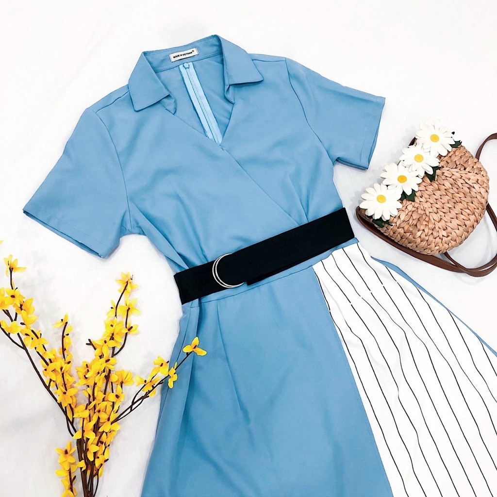 Đầm váy freesize xanh phối sọc