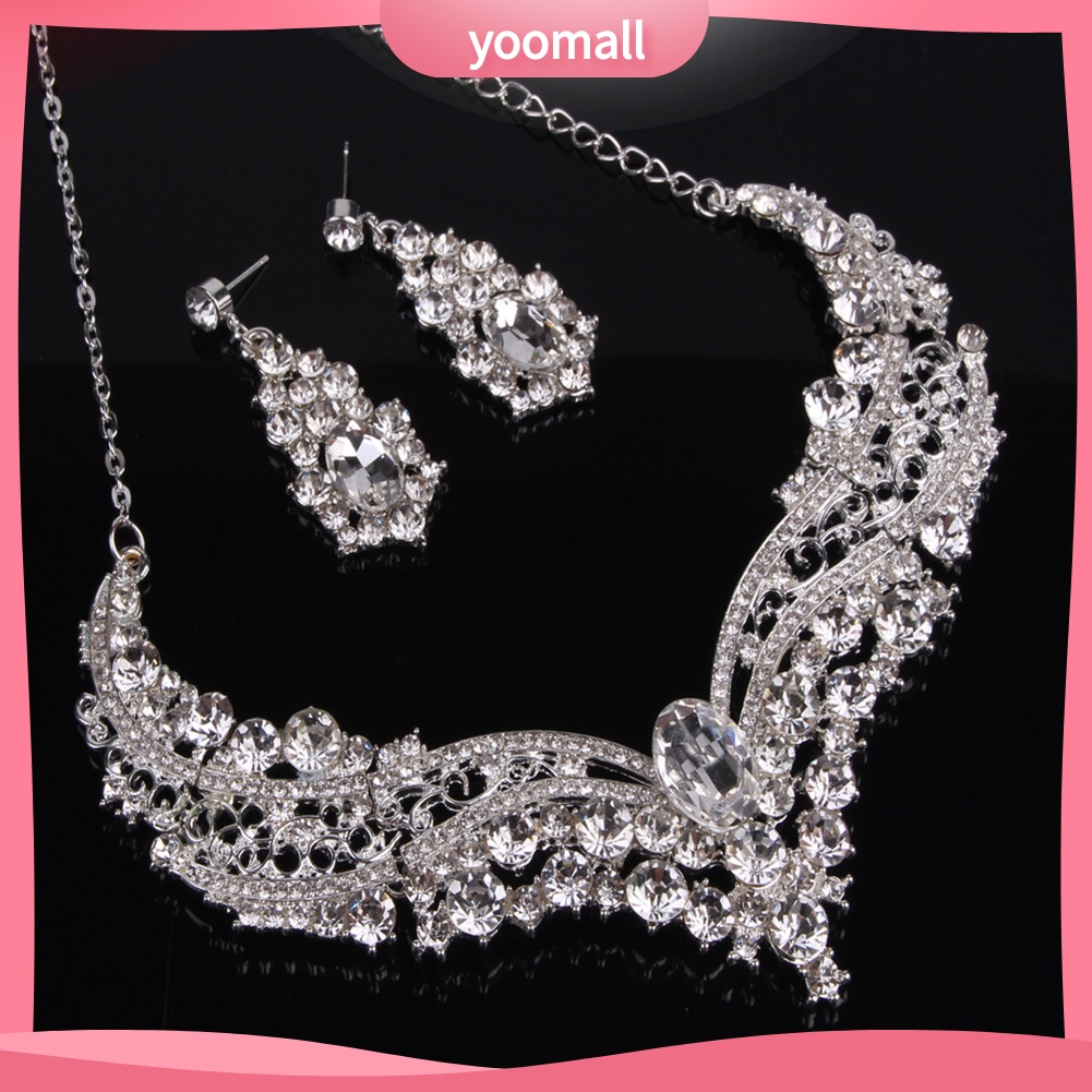 Bộ Vòng cổ + Bông Tai Đính Đá Sáng Bóng Cho Cô Dâu