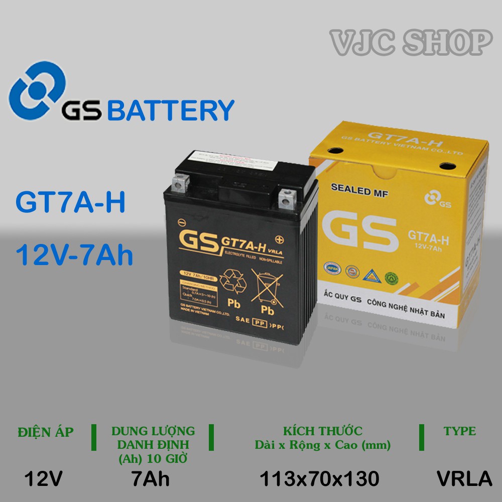 Bình ắc quy xe máy GT7A-H 12V 7AH chính hãng GS BATTERY loại bình khô, bảo hành 12 tháng