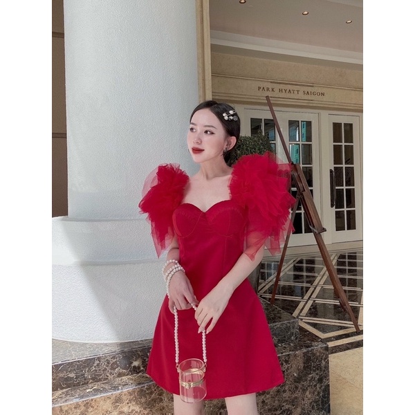 Đầm ngắn dáng chữ A tay lưới phồng Đỏ trắng Đầm váy đi dự tiệc sang trọng hotgirl tk sinh nhật party
